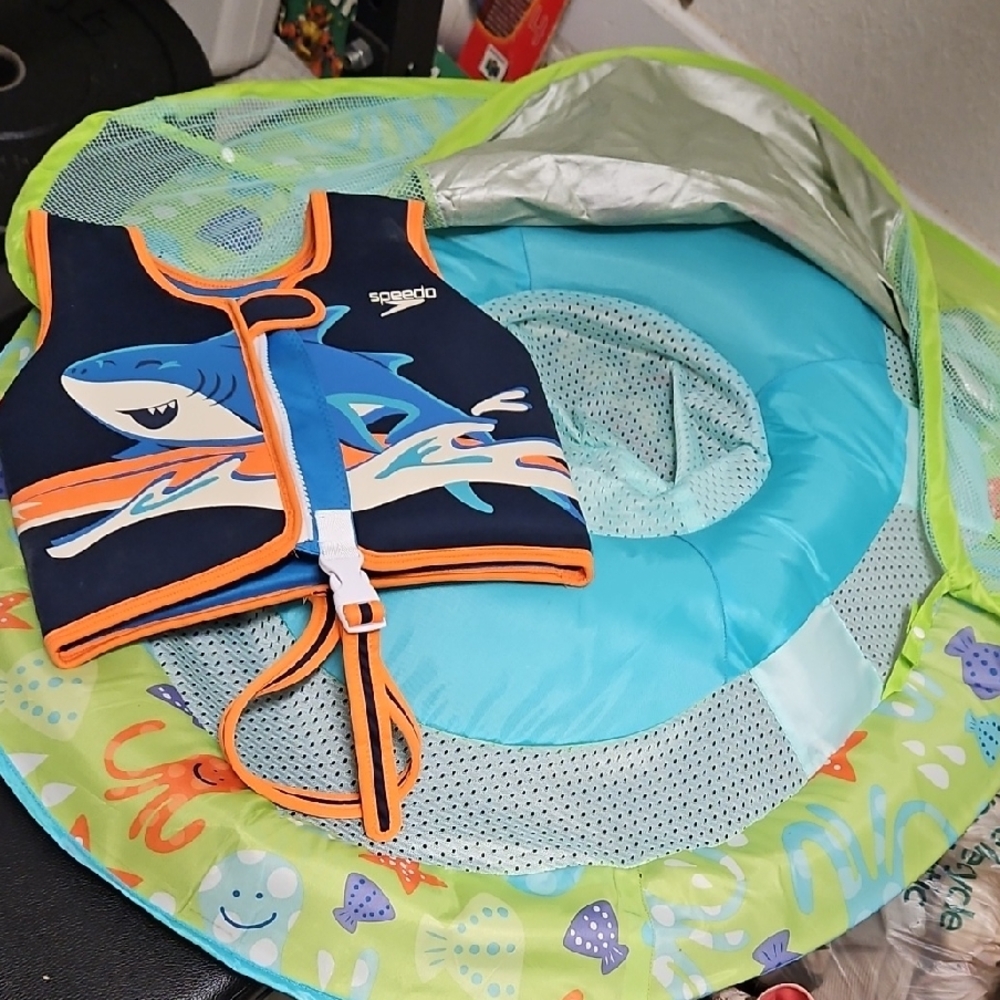 Speedo Navy Swim Vest with Orange Trim and Shark Graphic
